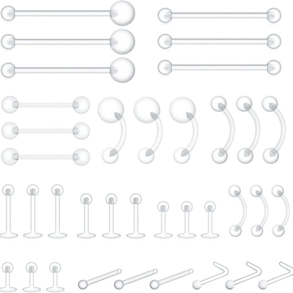 36pcs Clear Body Piercing Retainers Bioflex Plastic Jewelry for Nipple Tongue No